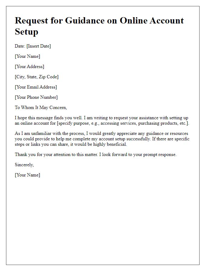 Letter template of request for guidance on online account setup