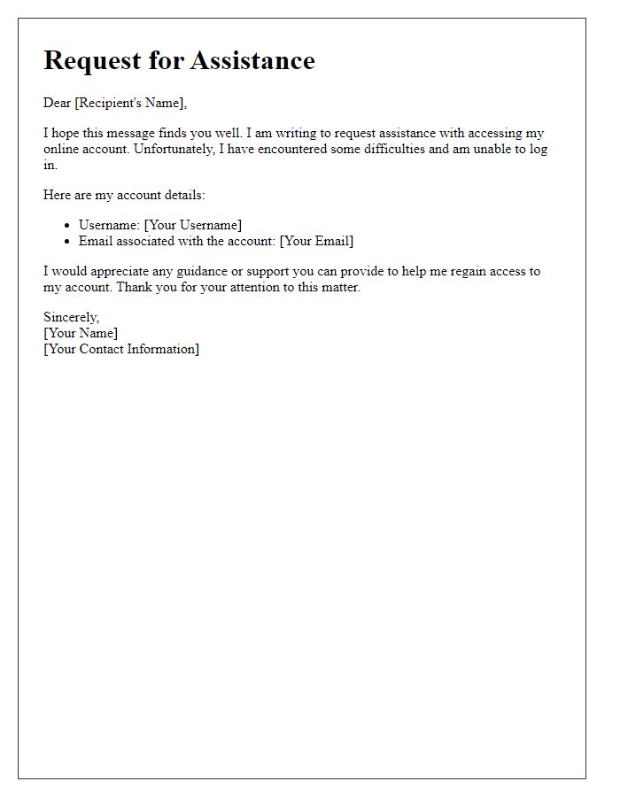 Letter template of request for help with online account access