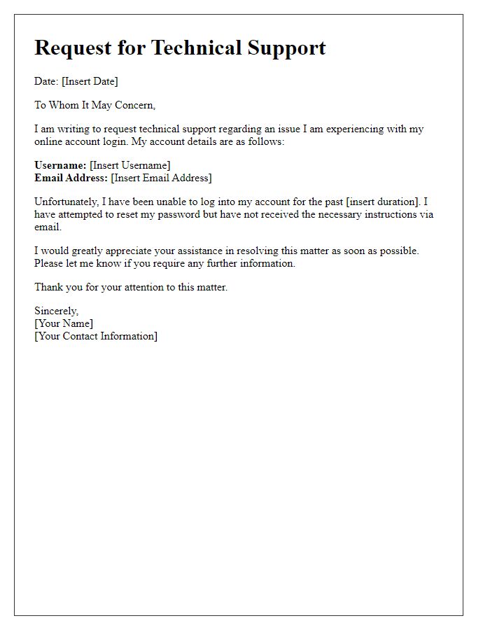 Letter template of request for technical support with online account login