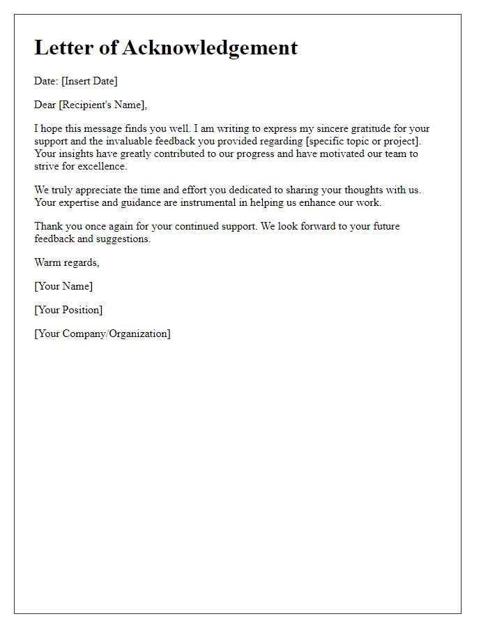 Letter template of acknowledgement for your support and feedback