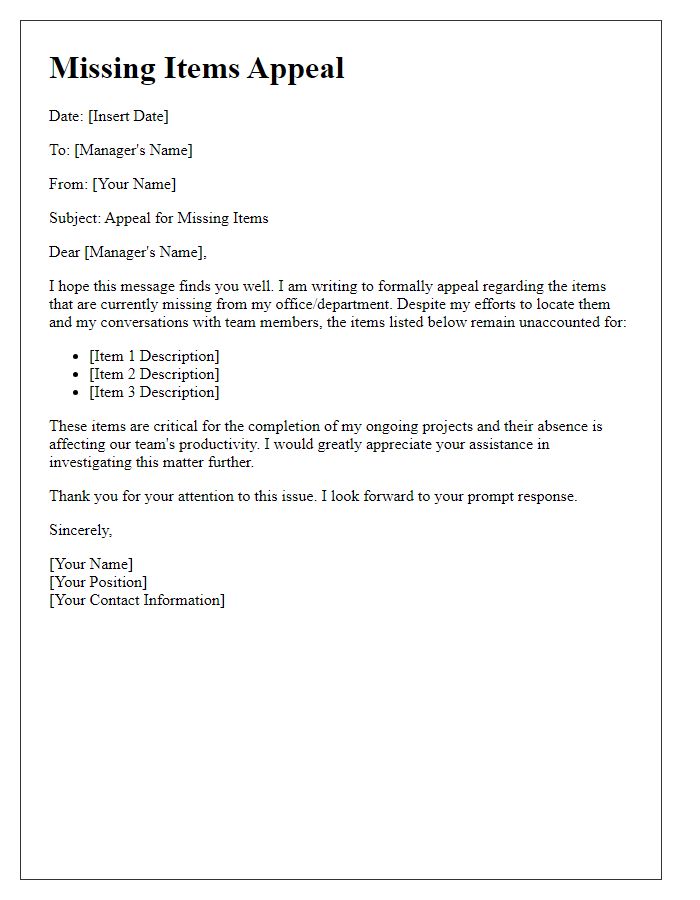 Letter template of missing items appeal to management.