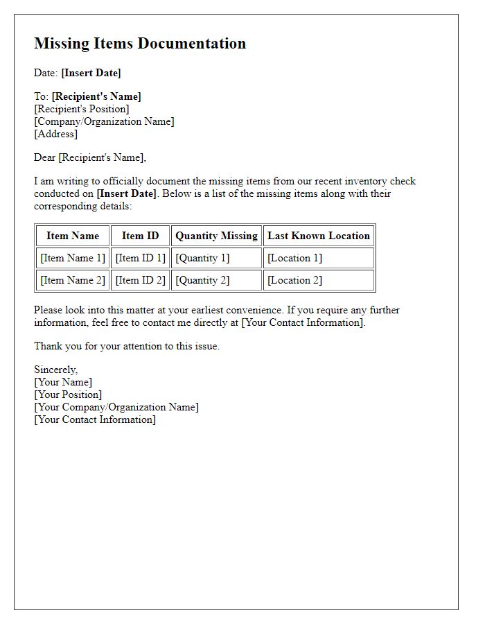 Letter template of missing items documentation for records.