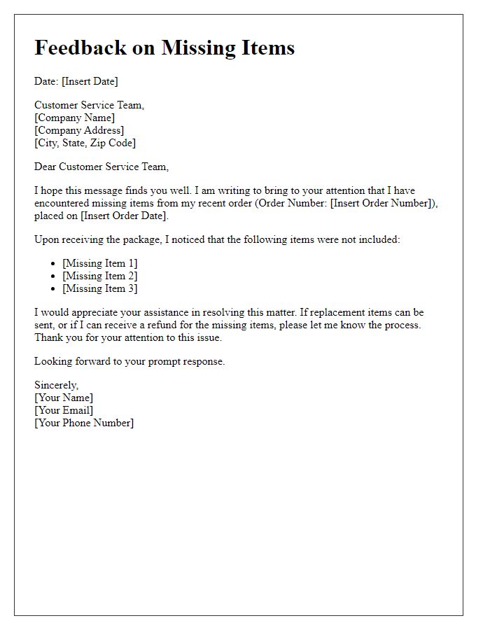 Letter template of missing items feedback for customer service.