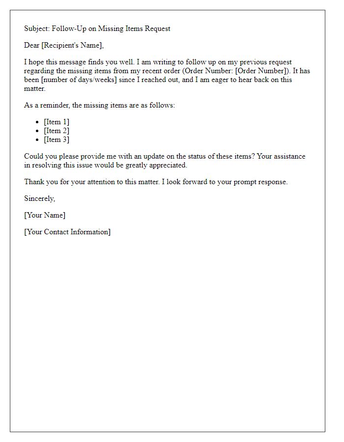 Letter template of missing items follow-up request.