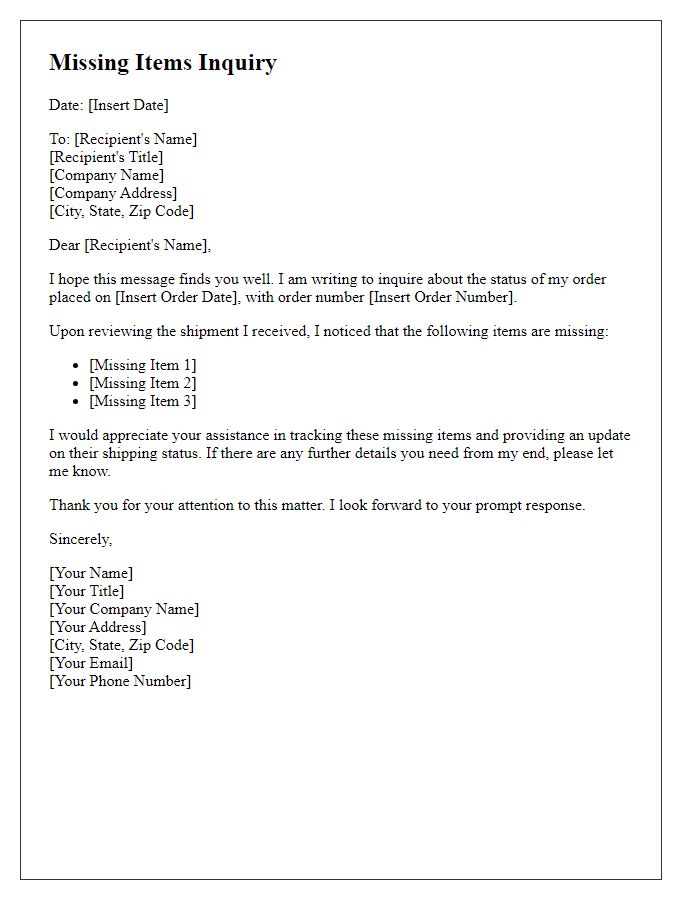 Letter template of missing items inquiry for tracking.