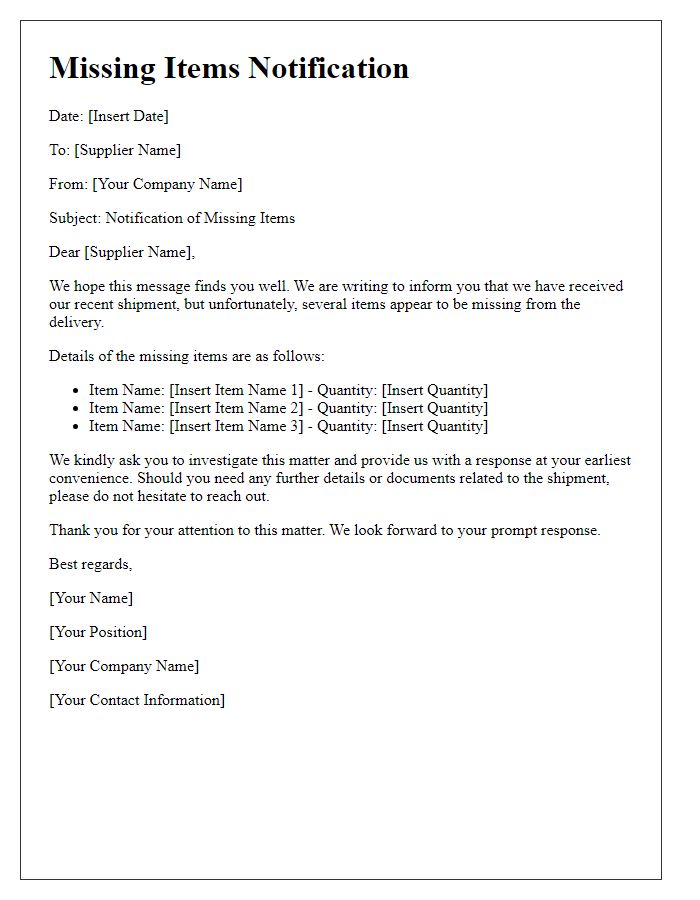 Letter template of missing items notification to supplier.