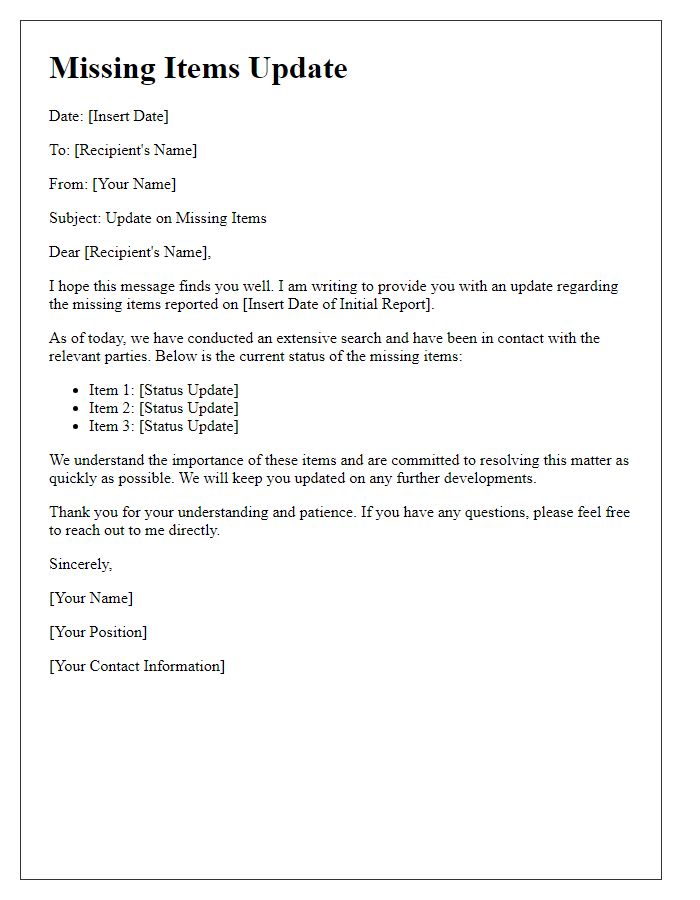 Letter template of missing items update communication.