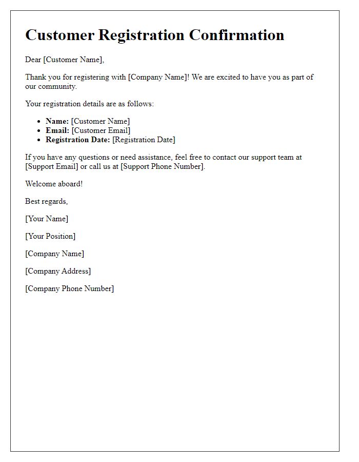 Letter template of Customer Registration Confirmation