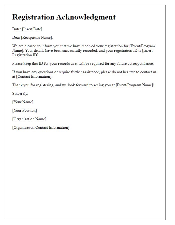 Letter template of Registration Acknowledgment