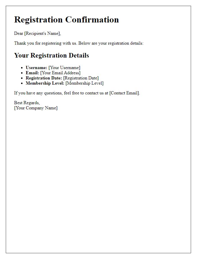 Letter template of Your Registration Details