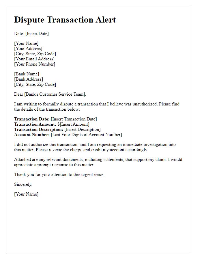 Letter template of dispute transaction alert for unauthorized charges