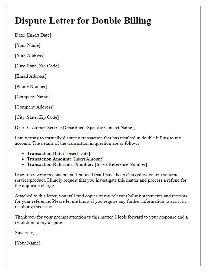 Letter template of dispute transaction documentation for double billing