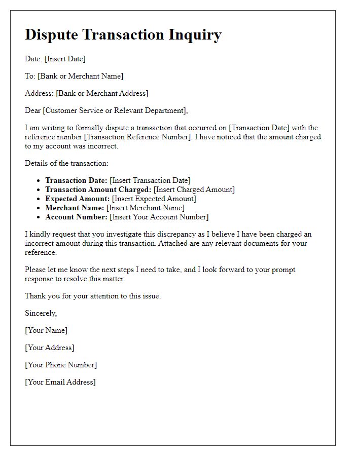 Letter template of dispute transaction inquiry for incorrect transaction amount