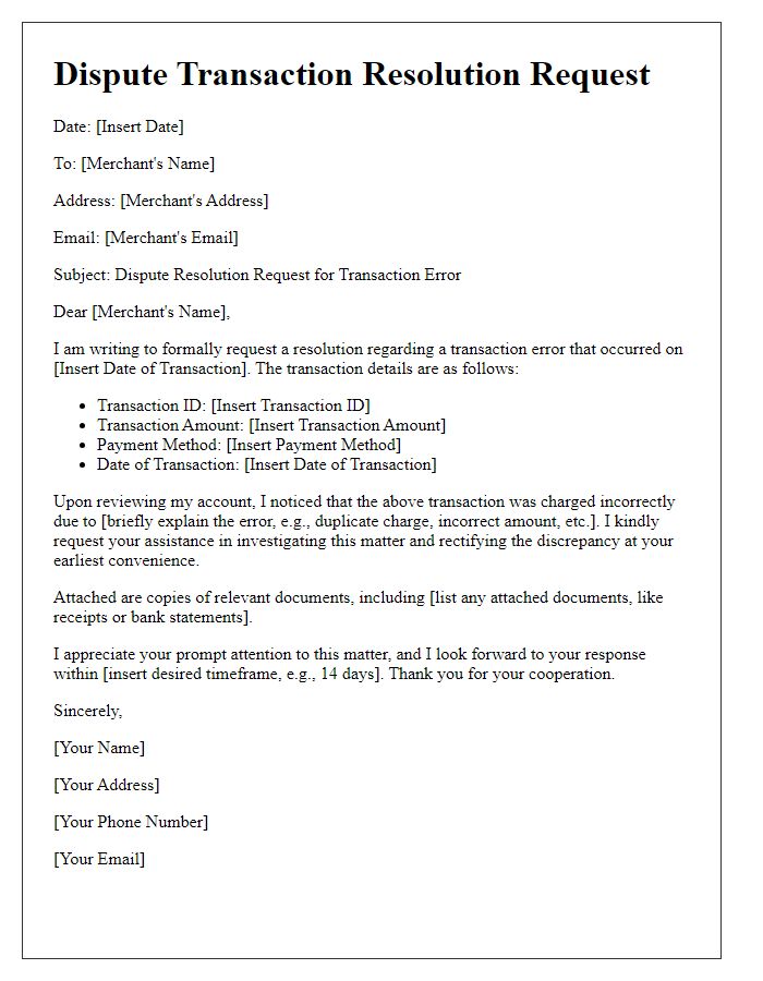 Letter template of dispute transaction resolution request for merchant errors