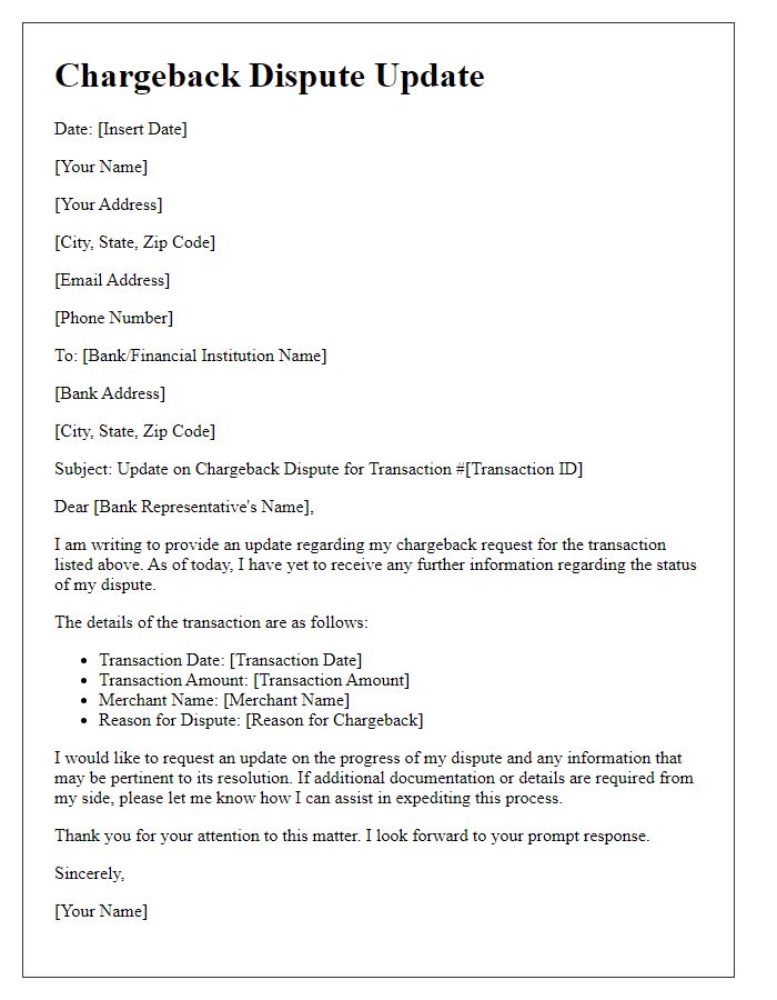 Letter template of dispute transaction update for chargeback request