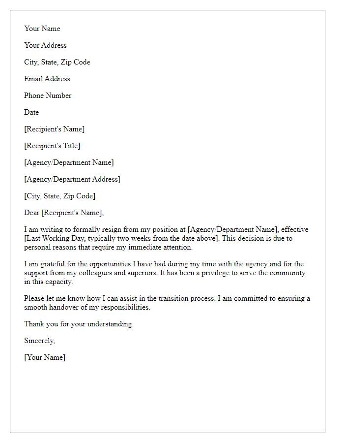 Letter template of resignation due to personal reasons in a governmental capacity