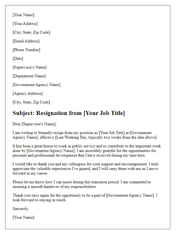 Letter template of resignation with gratitude for a government job