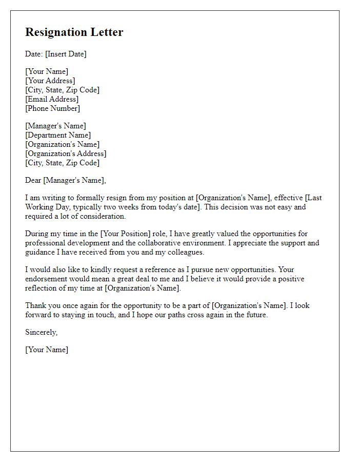 Letter template of resignation with a request for a reference from a government job