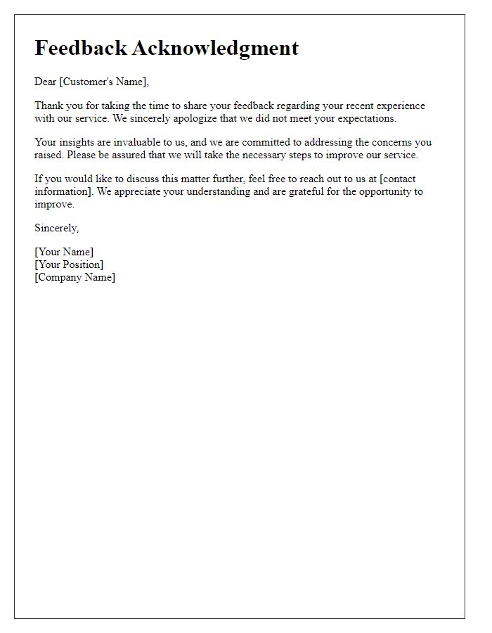 Letter template of acknowledgment for subpar service feedback