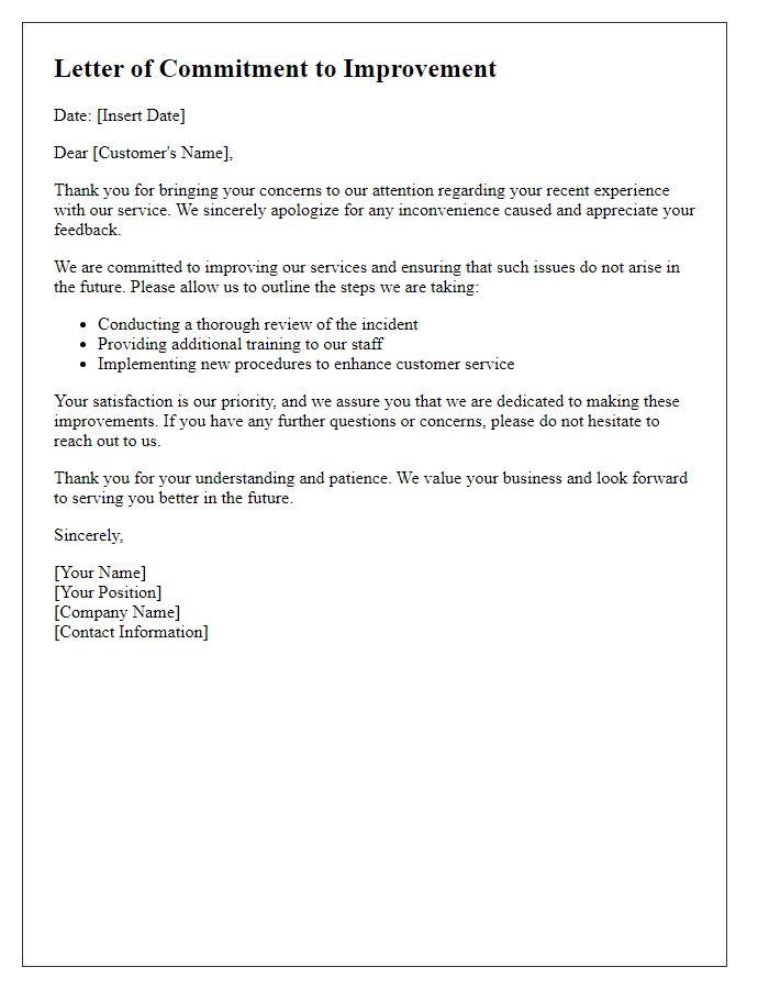 Letter template of commitment to improvement after service complaint