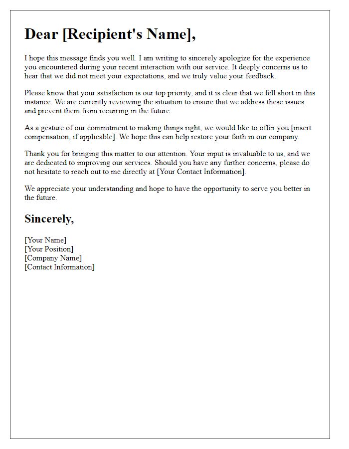 Letter template of heartfelt apology for service dissatisfaction