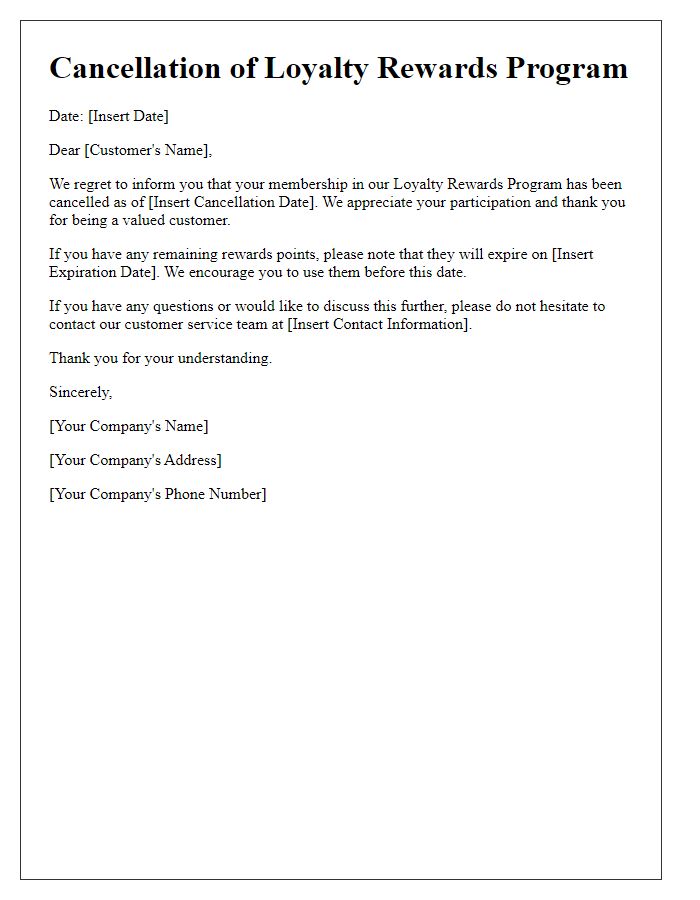 Letter template of loyalty rewards program cancellation