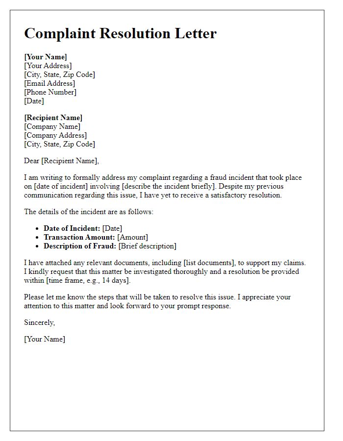 Letter template of complaint resolution for fraud incidents