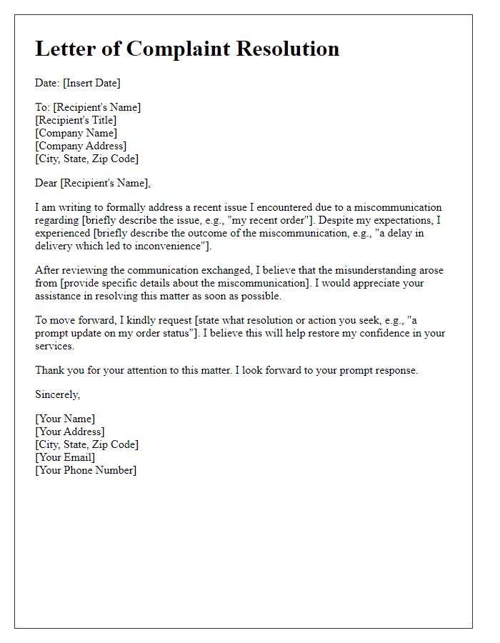 Letter template of complaint resolution for miscommunication