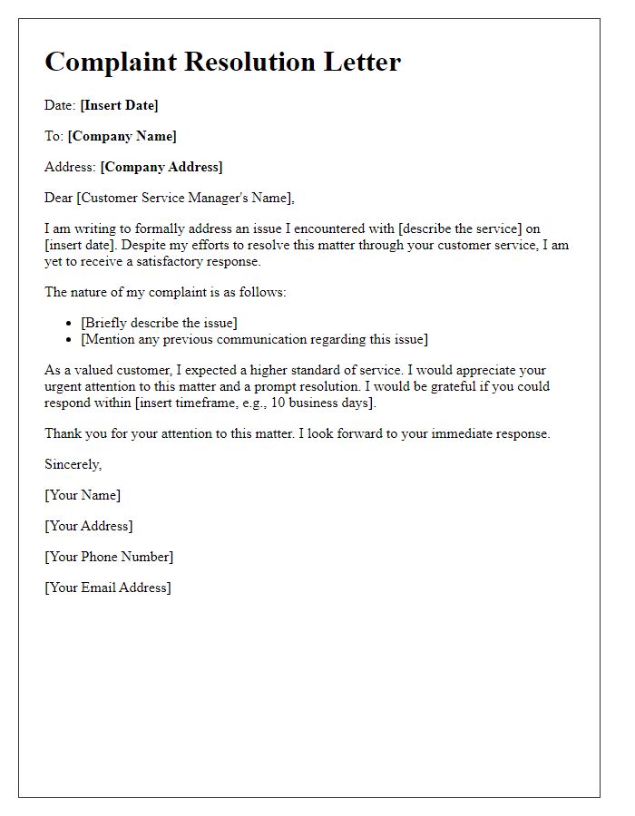 Letter template of complaint resolution for service issues