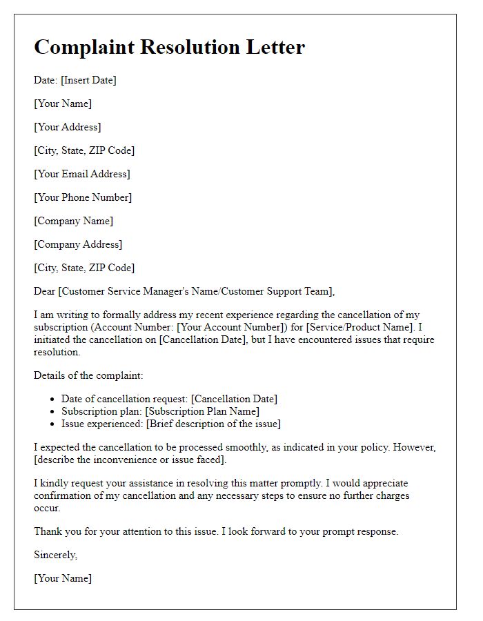 Letter template of complaint resolution for subscription cancellations