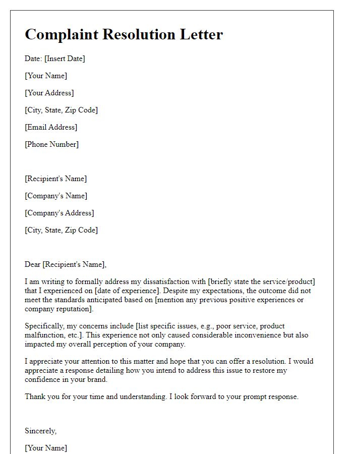 Letter template of complaint resolution for unsatisfactory experience