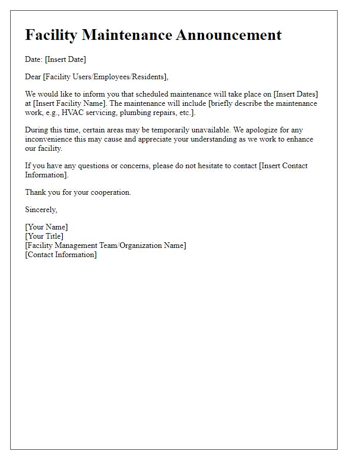 Letter template of Facility Maintenance Announcement