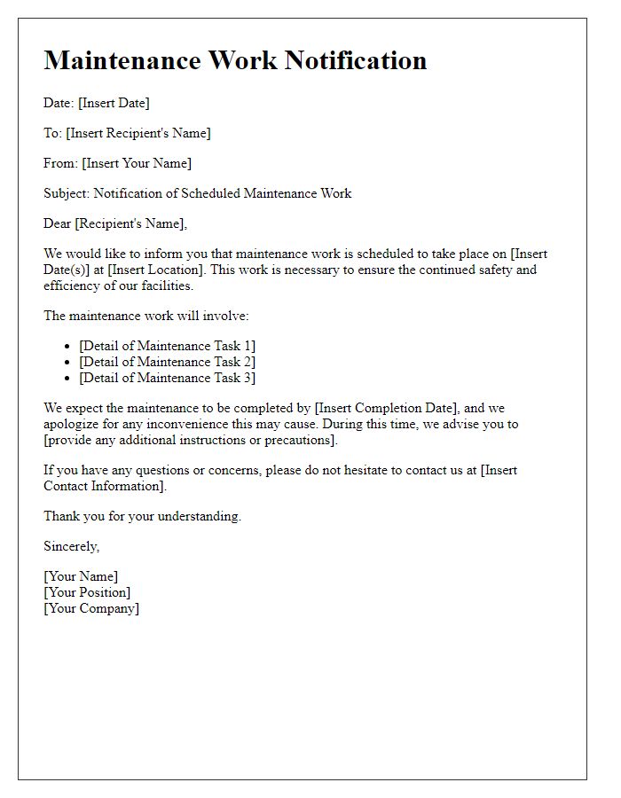 Letter template of Maintenance Work Notification
