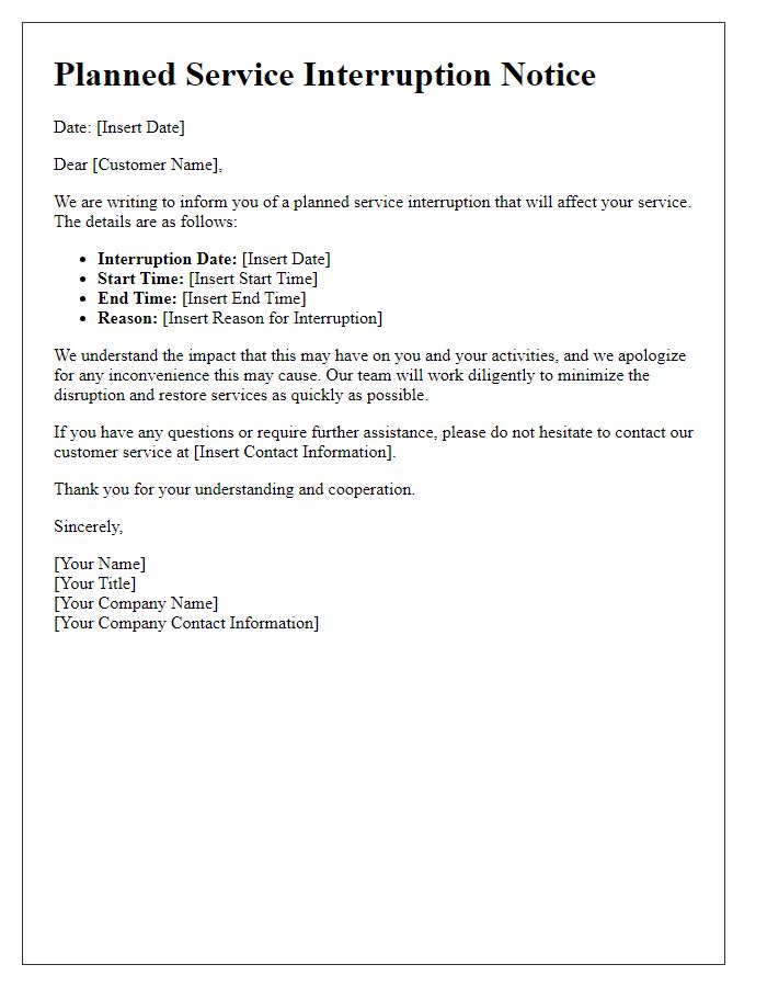 Letter template of Planned Service Interruption Notice