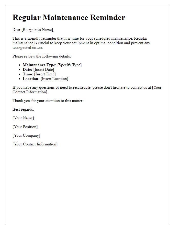Letter template of Regular Maintenance Reminder