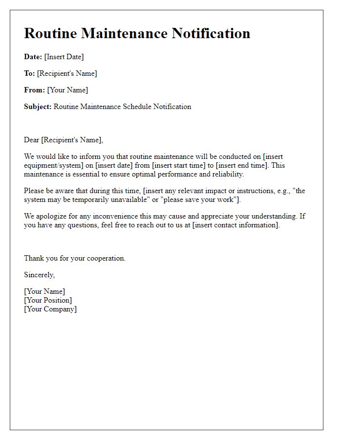 Letter template of Routine Maintenance Communication