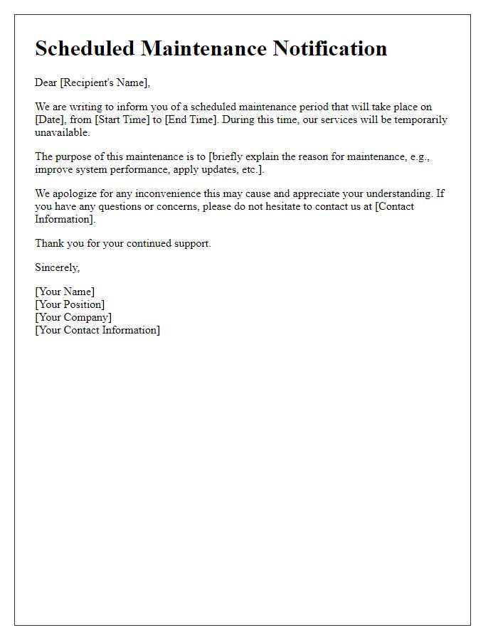 Letter template of Scheduled Maintenance Notification