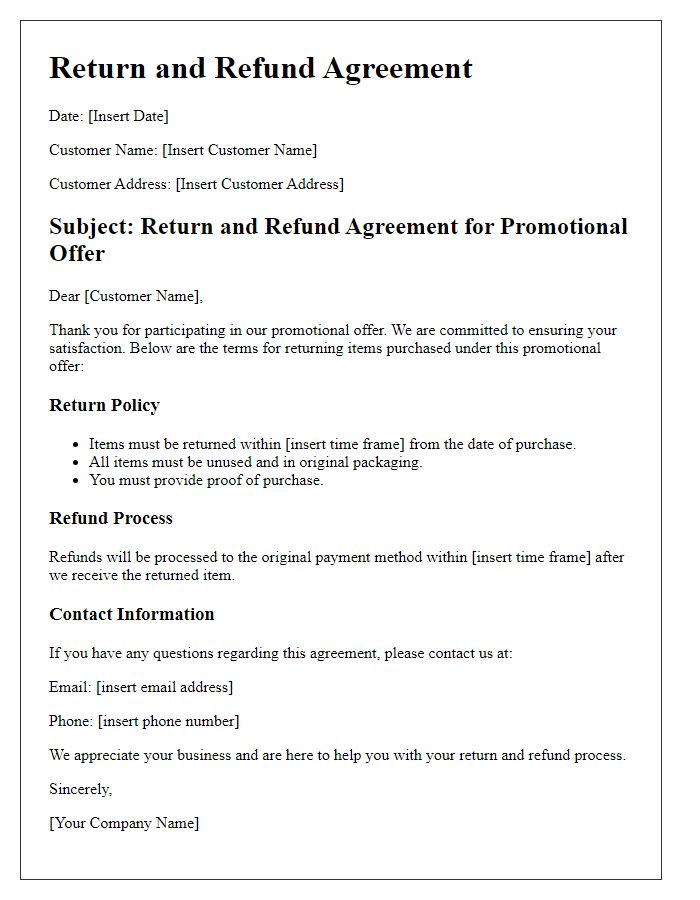 Letter template of return and refund agreement for promotional offers.