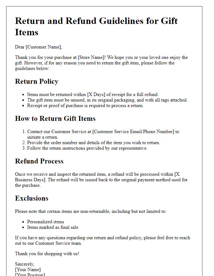 Letter template of return and refund guidelines for gift items.