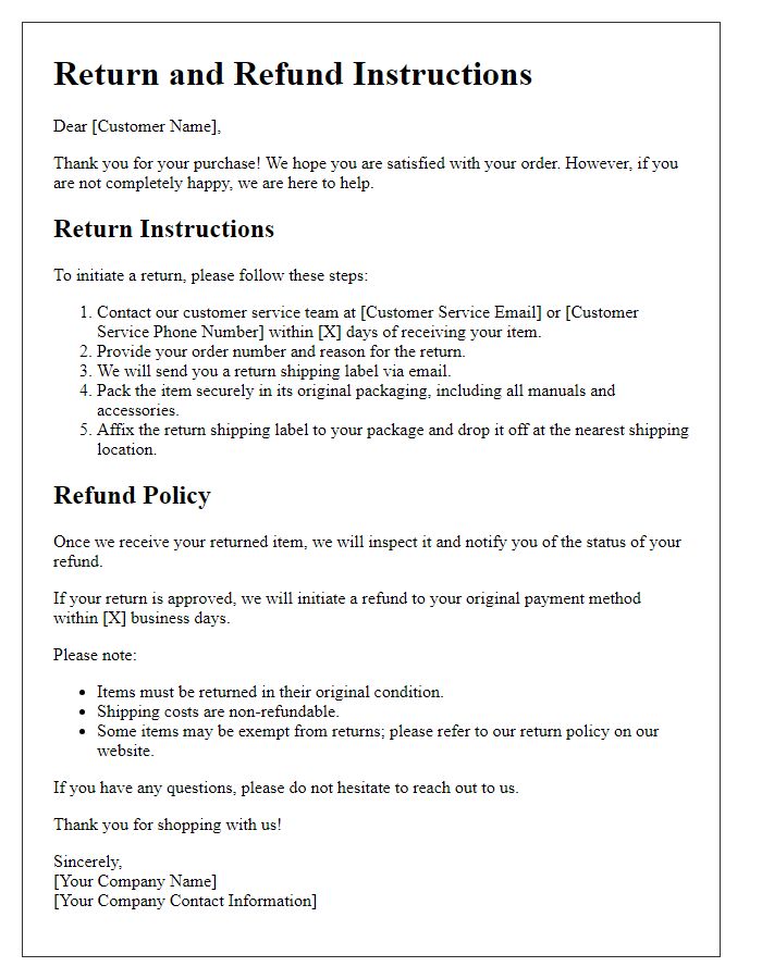 Letter template of return and refund instructions for online purchases.