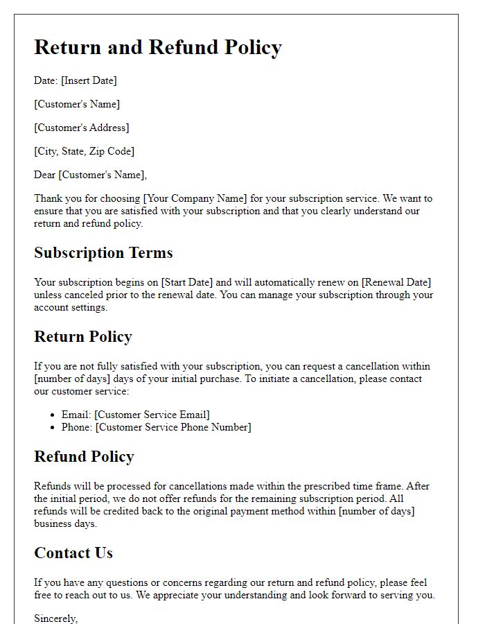 Letter template of return and refund policy for subscription services.