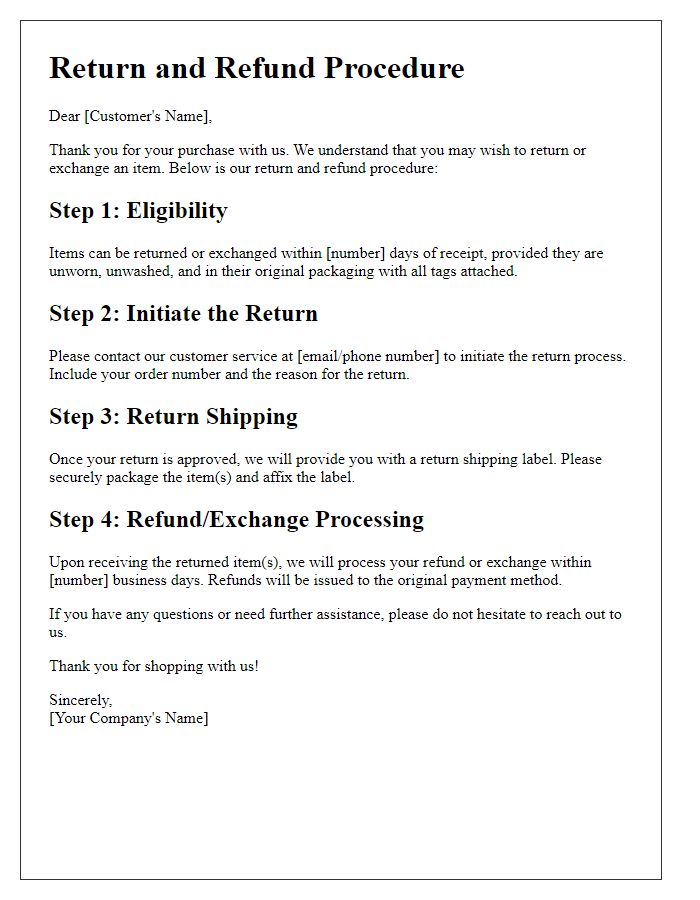 Letter template of return and refund procedure for clothing exchanges.