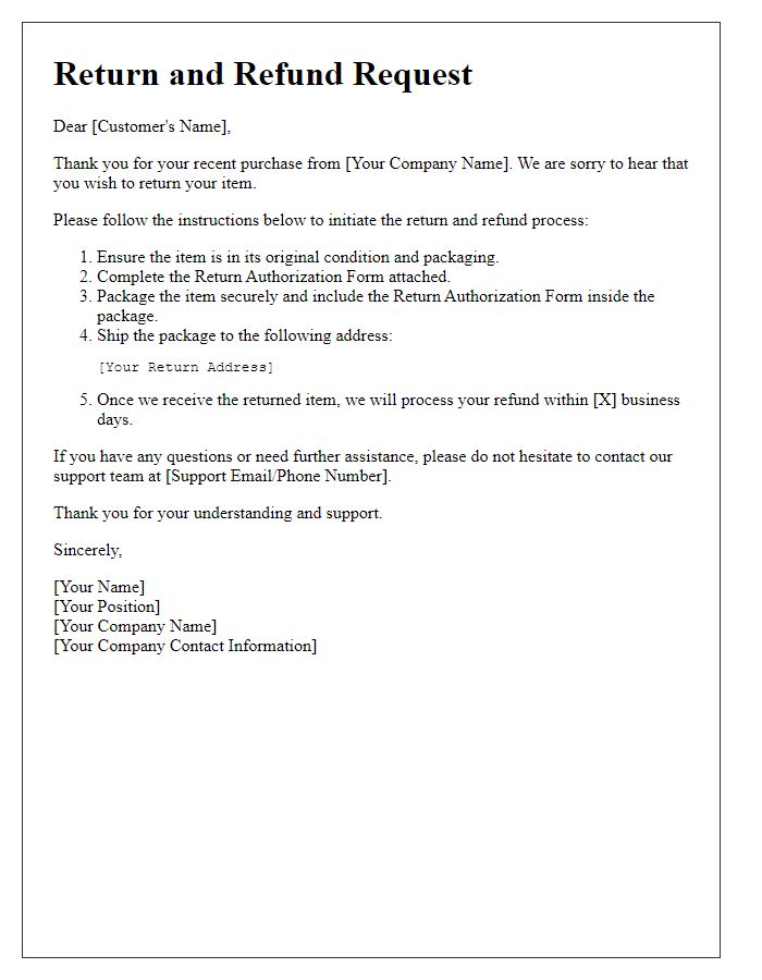 Letter template of return and refund support for international shipments.