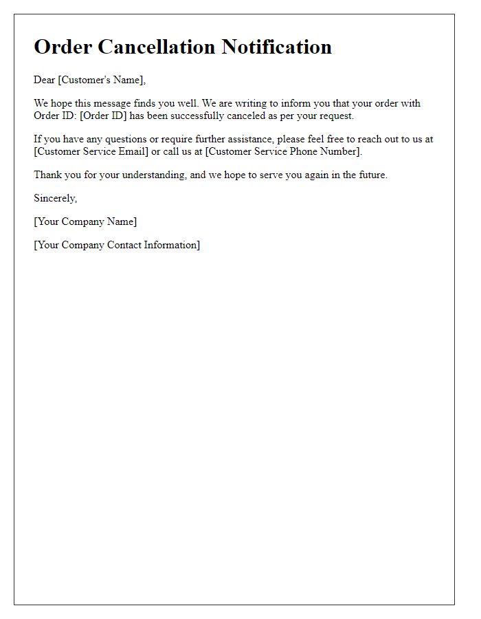 Letter template of order cancellation update