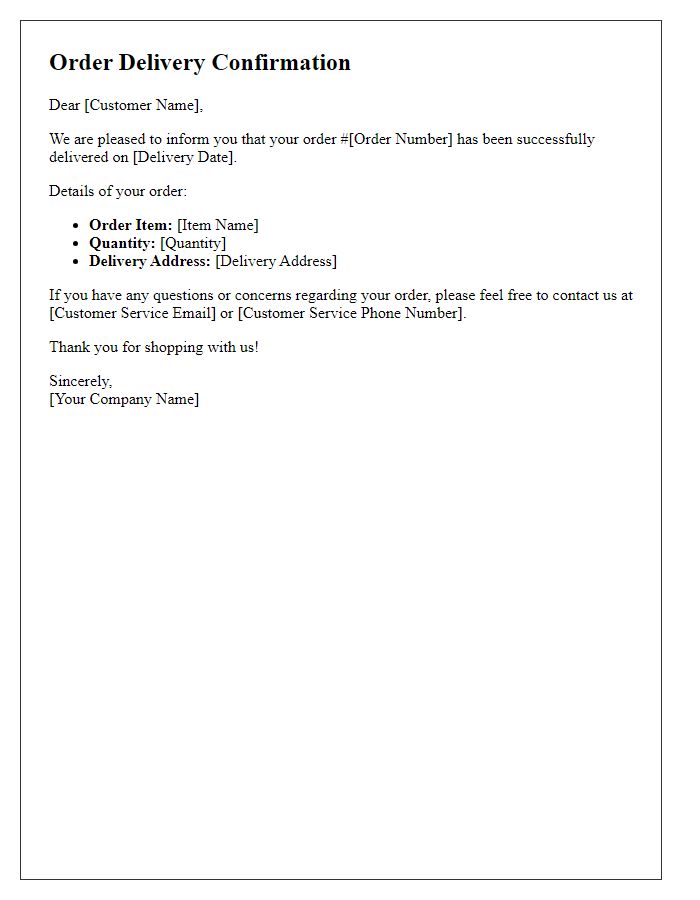 Letter template of order delivery confirmation
