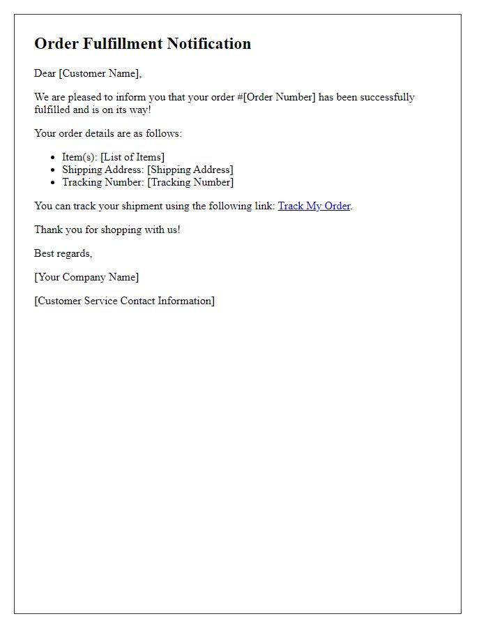 Letter template of order fulfillment notification