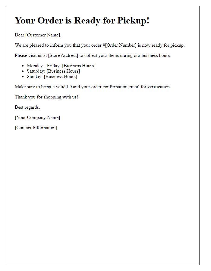 Letter template of order readiness for pickup