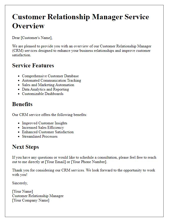 Letter template of customer relationship manager service overview