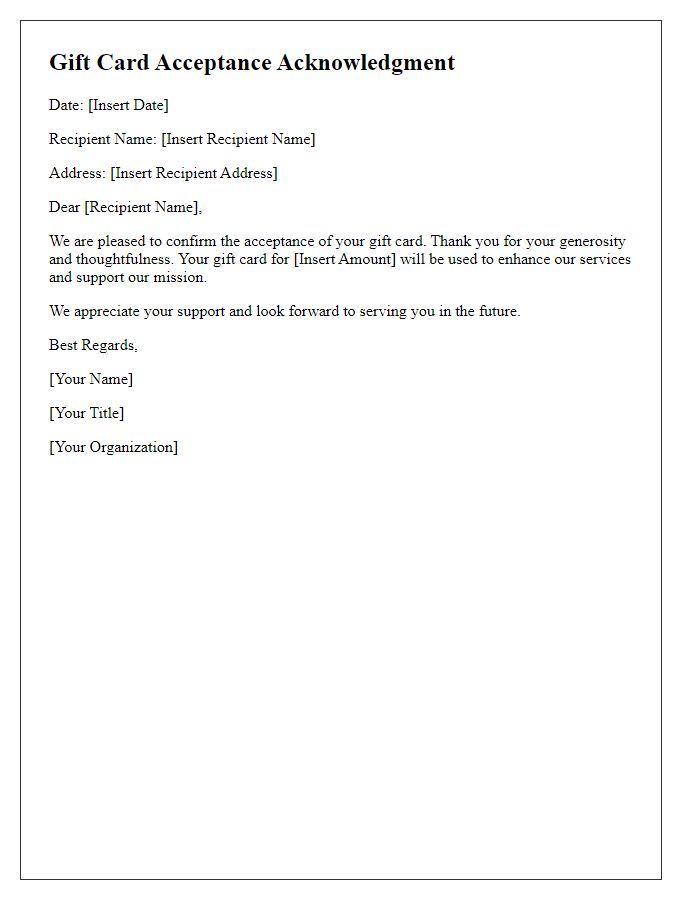 Letter template of gift card acceptance acknowledgment