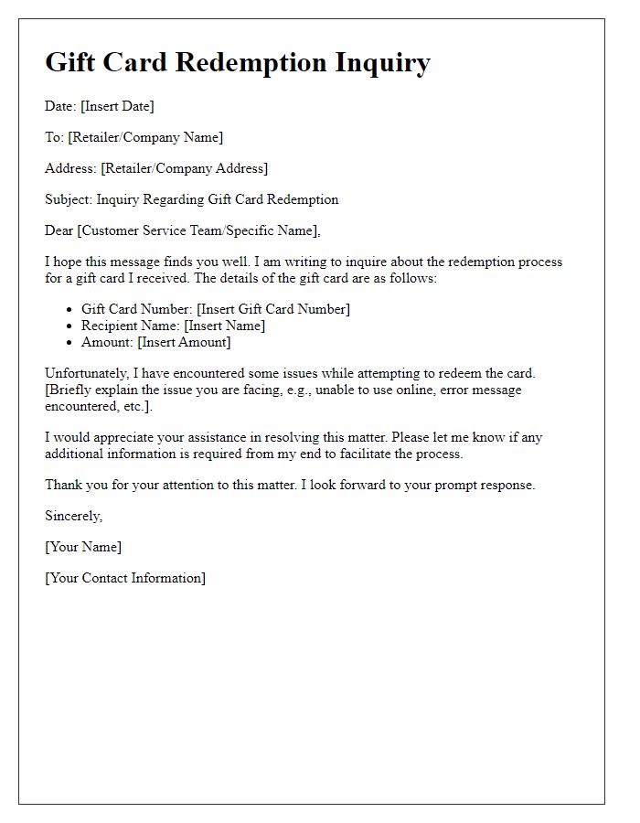 Letter template of gift card redemption inquiry